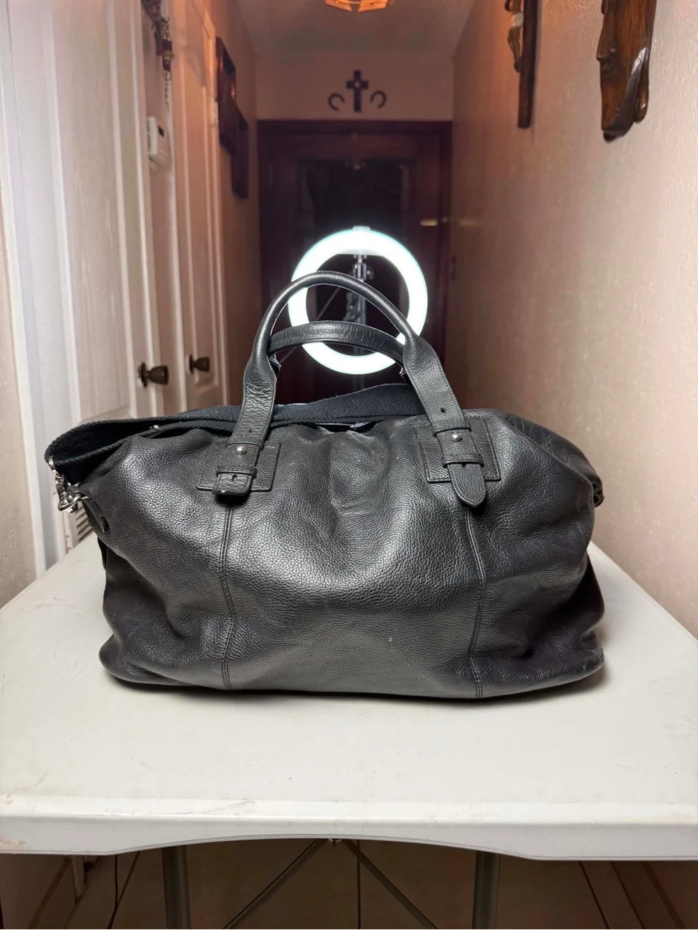 COLE HAAN BLACK GENUINE LEATHER TRAVEL DUFFEL CARRY ON OVERNIGHT BAG